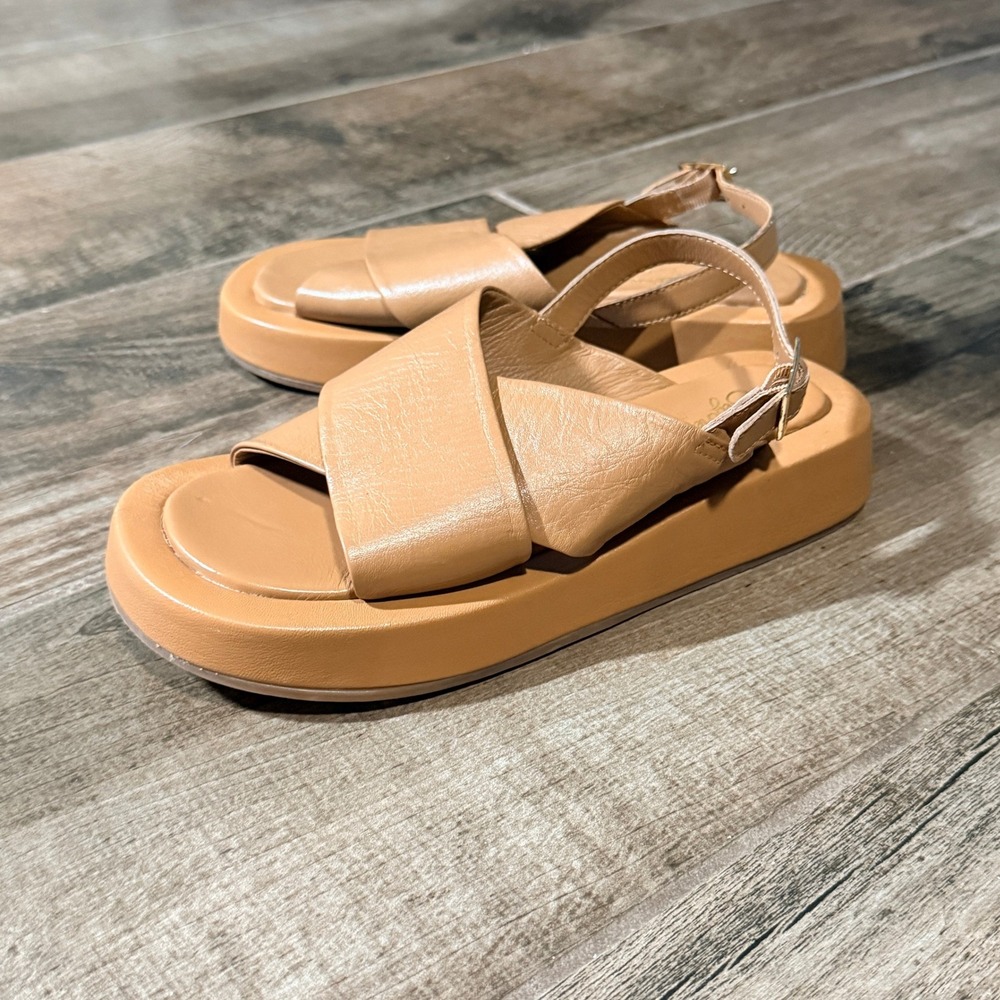 Anthropologie Seychelles Just for Fun Leather Slingback Platform Sandals,Tan,6.5